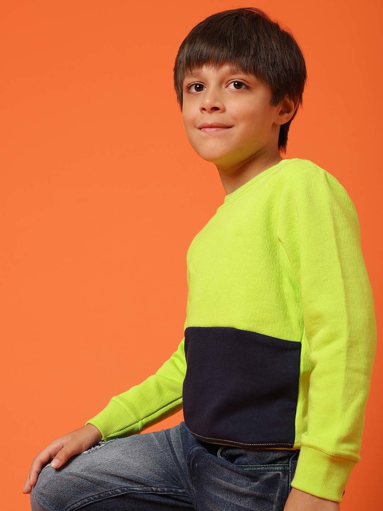 Tales & Stories Kids Neon Green & Black Cotton Regular Fit Full Sleeves Sweatshirt