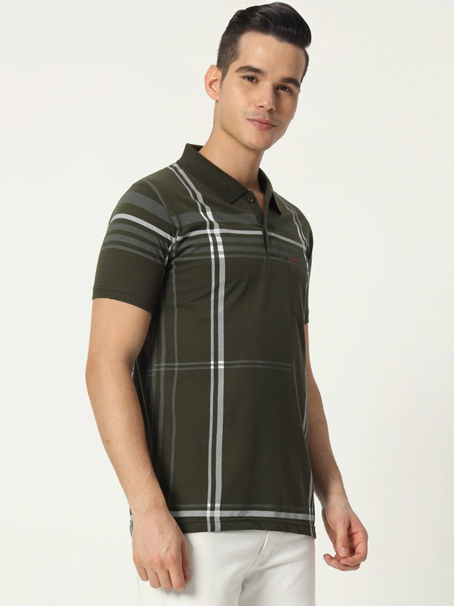 Tab91 Green Regular Fit Checks Polo T-Shirts