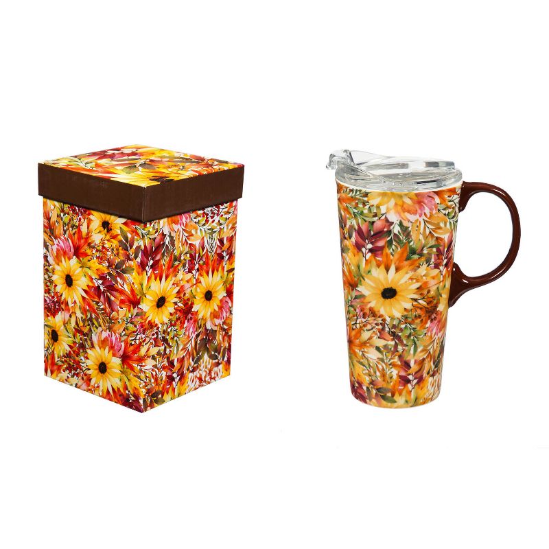Cypress Home Ceramic Travel Cup, 17 Oz. ,W/Box And Tritan Lid, Autumn Blessing Pattern