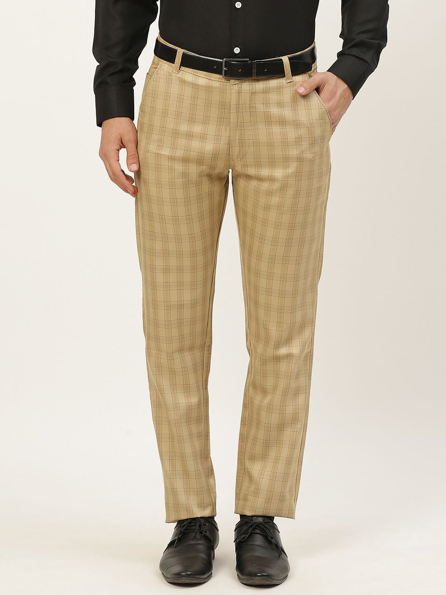 Sojanya Beige Cotton Regular Slim Fit Checks Flat Front Trousers