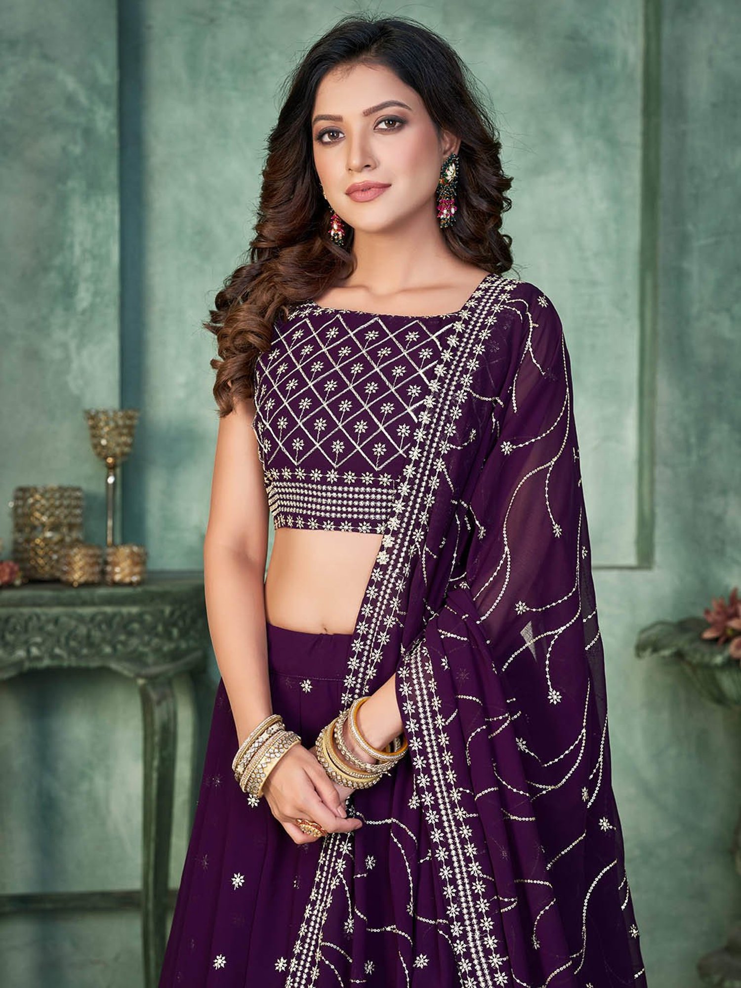 Warthy Ent Purple Embroidered Lehenga Choli Set With Dupatta