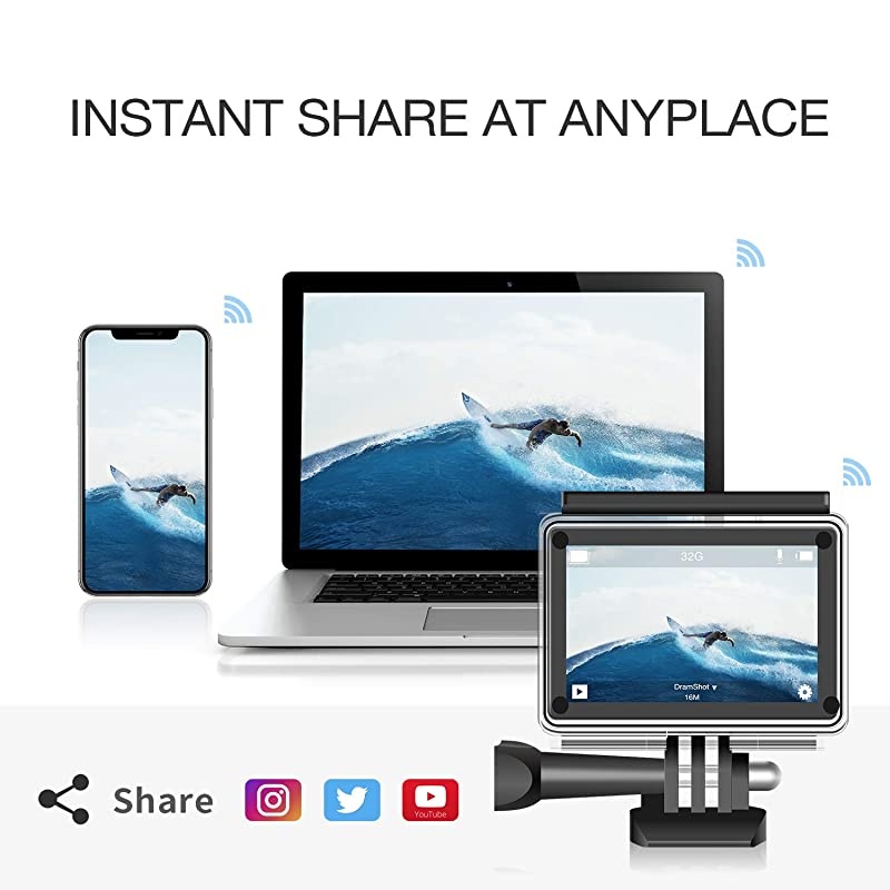 Action Camera 4K WiFi Ultra HD Camera Underwater 30M 170&deg;Wide-Angle Lens with Remote Control 2 Batteries and Mounting Accessories Kit