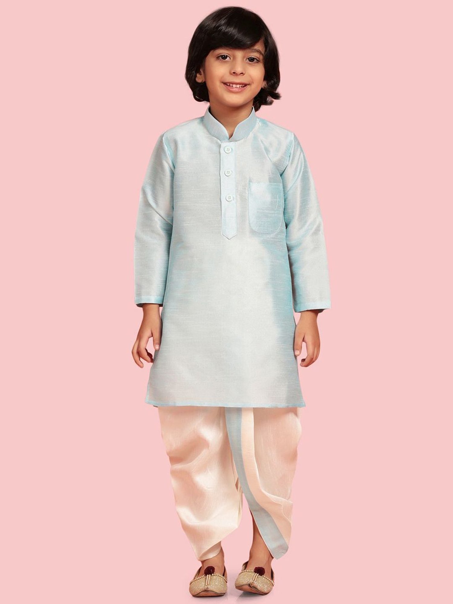AJ Dezines Kids Blue & White Regular Fit Full Sleeves Kurta Set