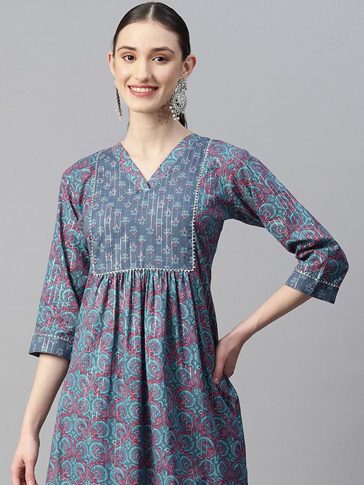 Indibelle Blue Cotton Floral Print Kurta Pant Set