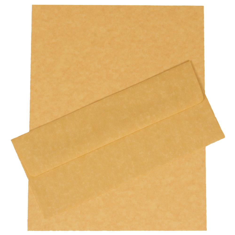Antique Gold Parchment Recycled Business Stationery Set - 100 Sheets of Paper with 100 matching #10 Envelopes (4 1/8 x 9 1/2)