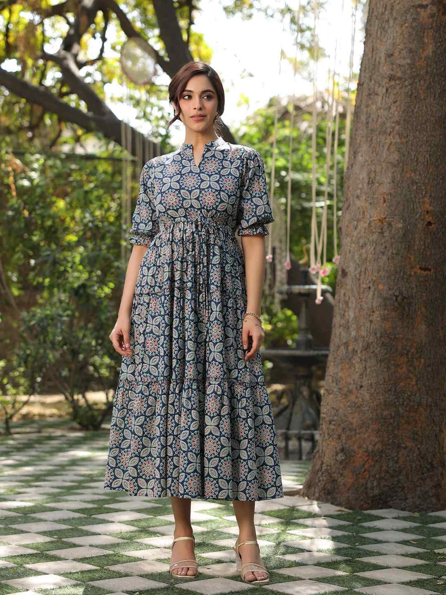 Rain and Rainbow Blue Cotton Printed A-Line Dress