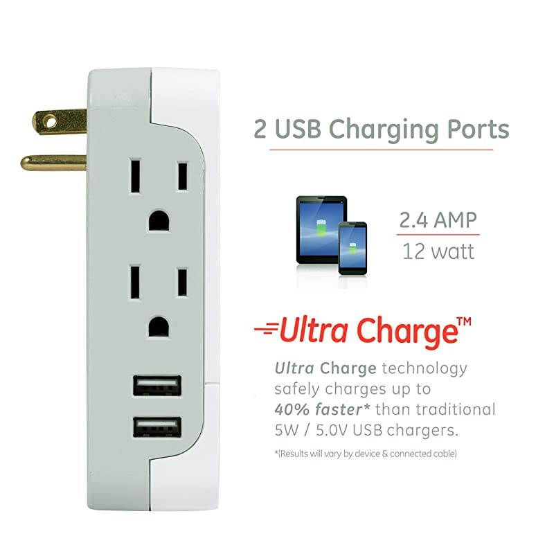 Pro 2-Outlet + 2 USB Side-Access Sur Protector, White, 2.4A/12W, 560 Joules, White, 31711
