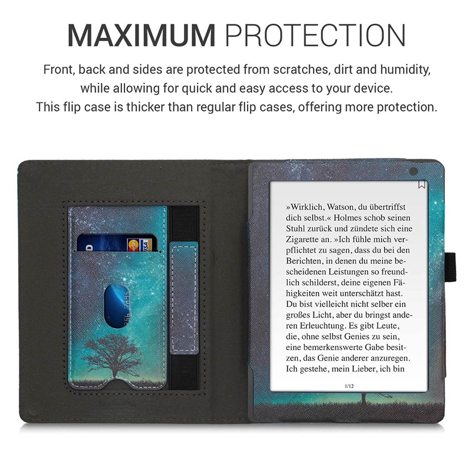 kwmobile Case Compatible with Kobo Aura H2O Edition 2 - PU Leather Cover with Magnet Closure, Stand, Strap, Card Slot - Cosmic Nature Blue/Grey/Black