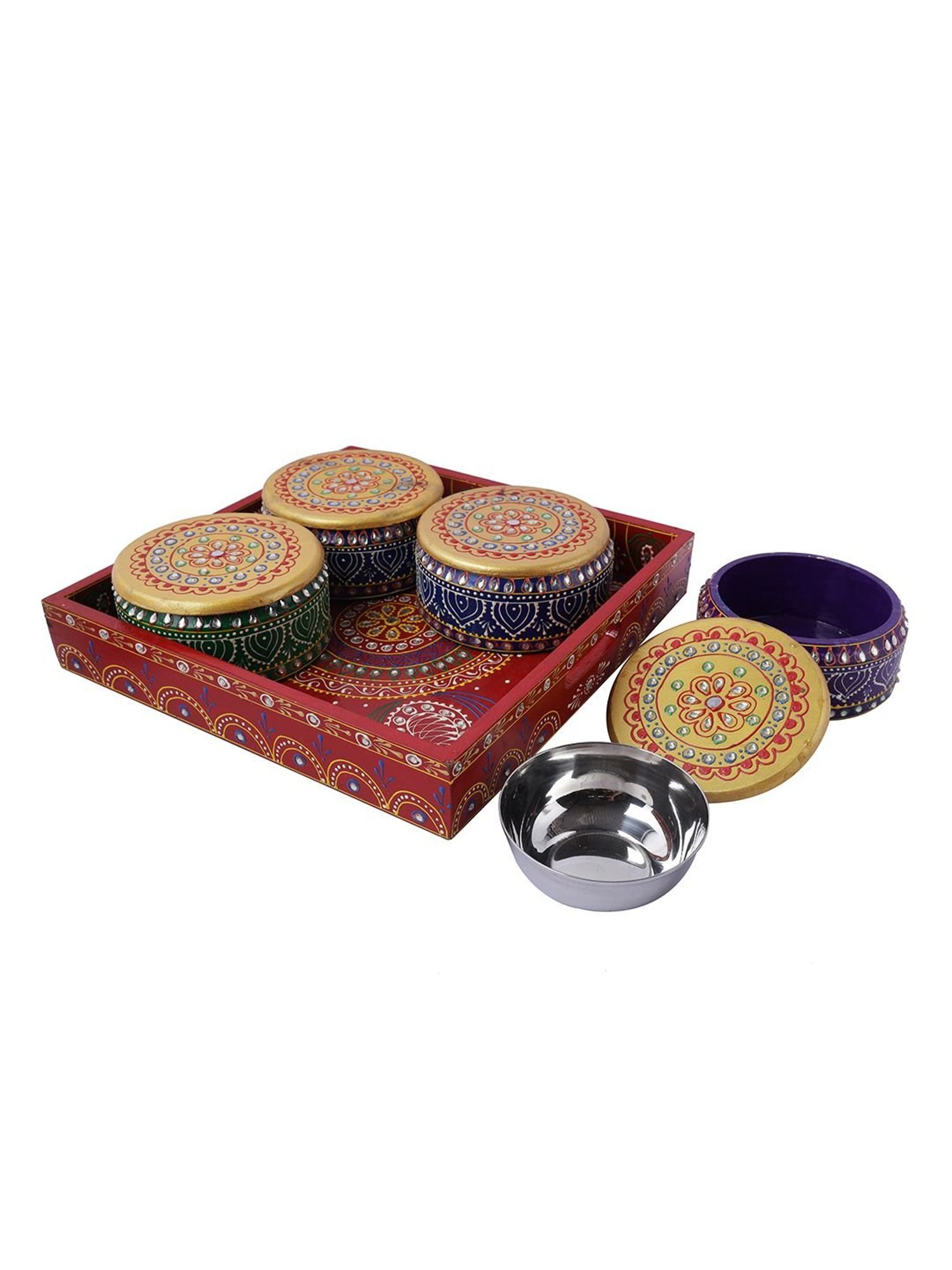 Aapno Rajasthan Red Wooden Tray with 4 Jars
