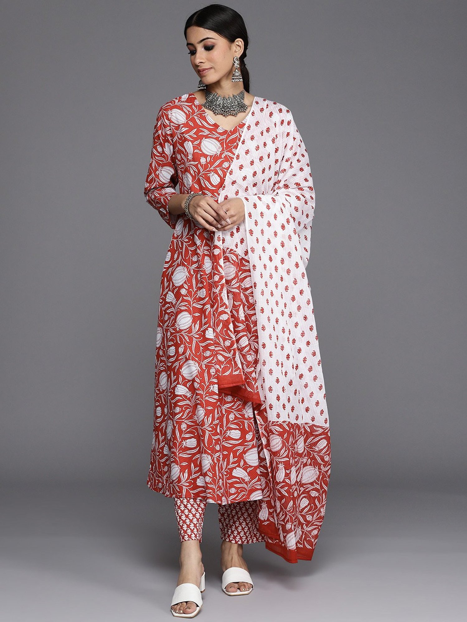 KSUT Rust Cotton Printed Kurta Pant Set With Dupatta