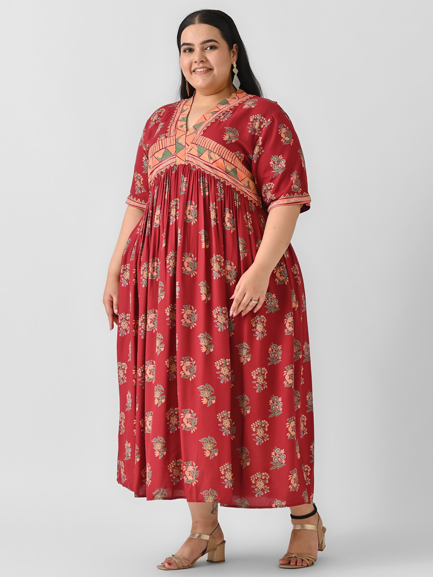 Rustorange Maroon Printed Ethnic Dress