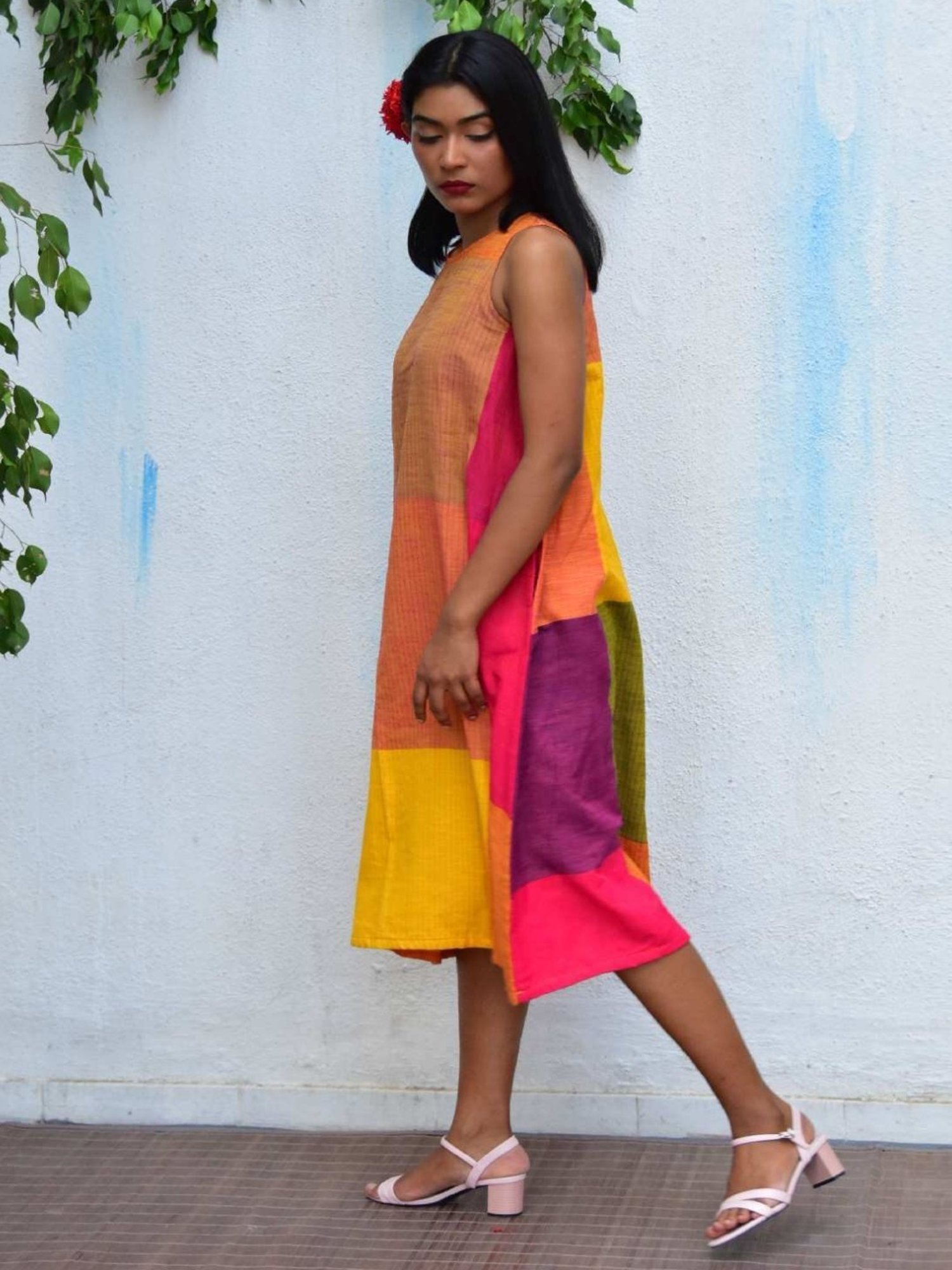 Chidiyaa Multi Rainbow Cafe Summer Skies Handwoven Cotton Dress