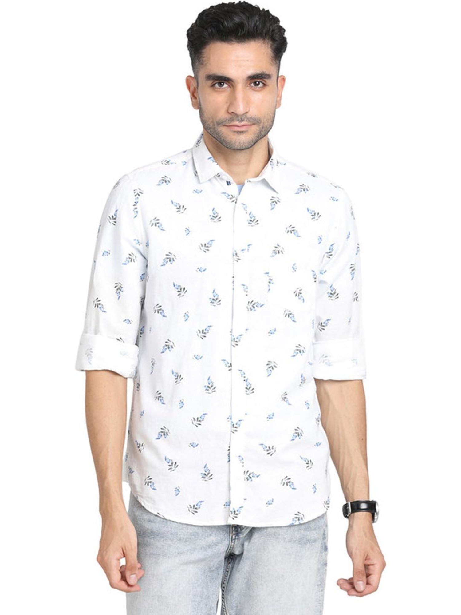 Turtle White Cotton Linen Slim Fit Printed Shirts
