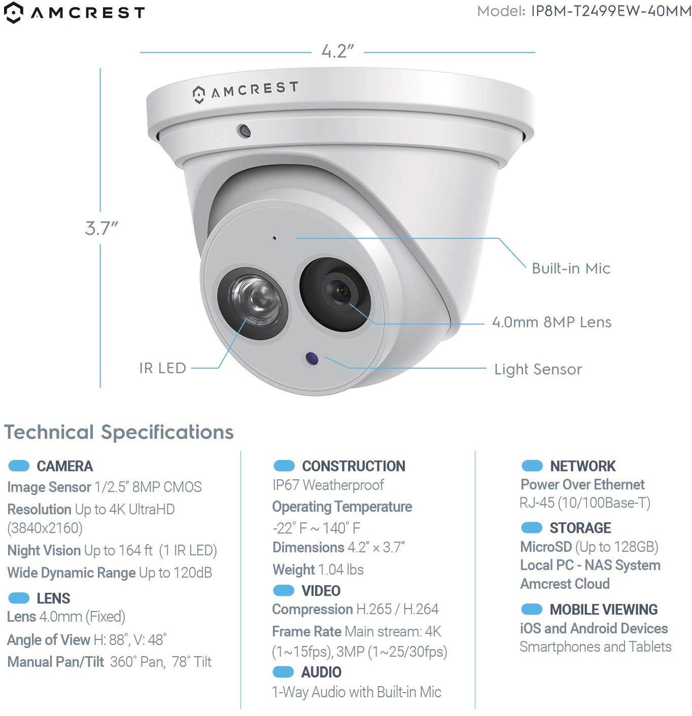 Amcrest UltraHD 4K (8MP) Outdoor Security IP Turret PoE Camera, 3840x2160, 164ft NightVision, 4.0mm Narrower Angle Lens, IP67 Weatherproof, MicroSD Recording (128GB), White (IP8M-T2499EW-40MM)