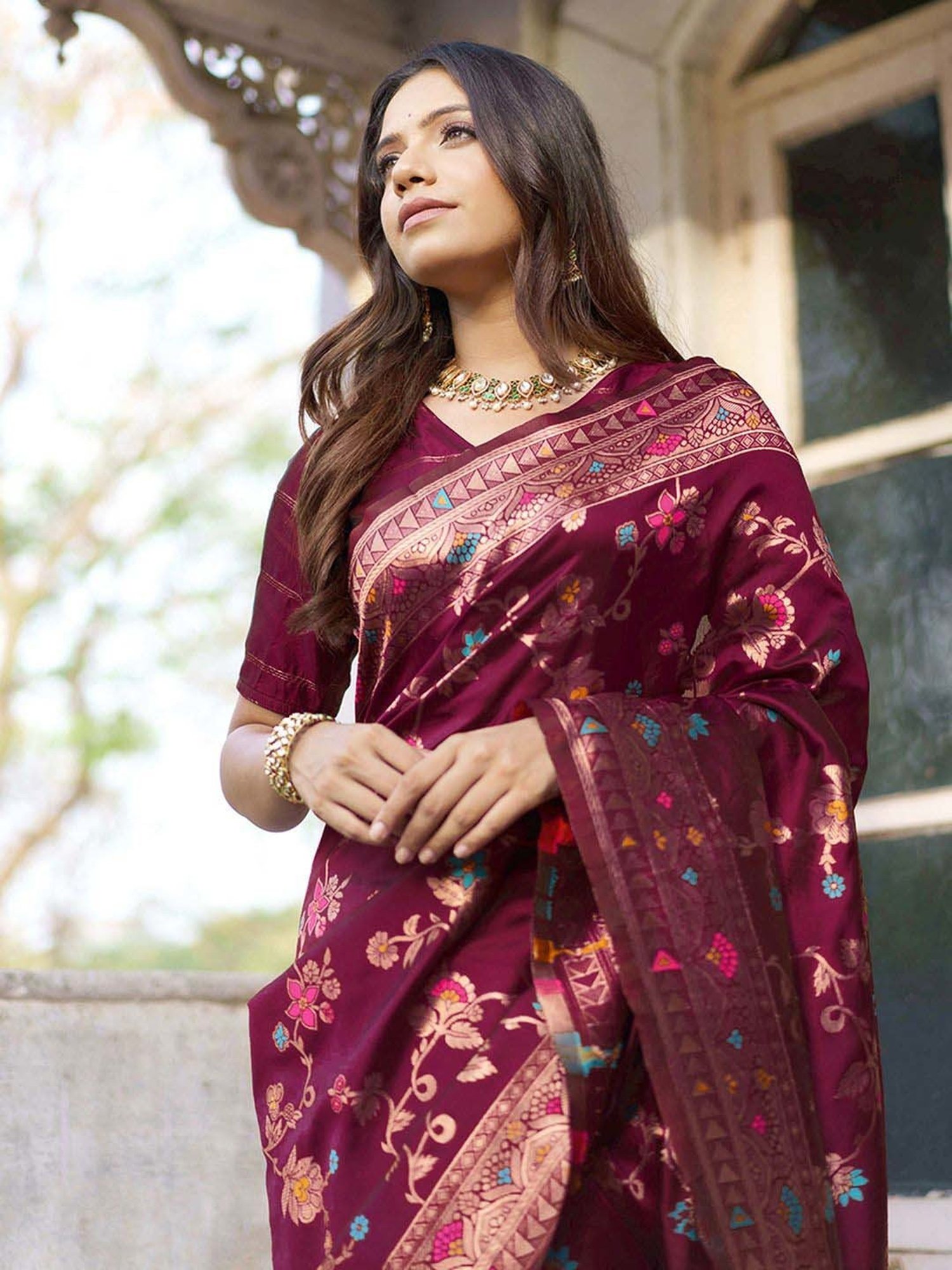 Unnati Silks Red Silk Printed Saree With Unstitched Blouse