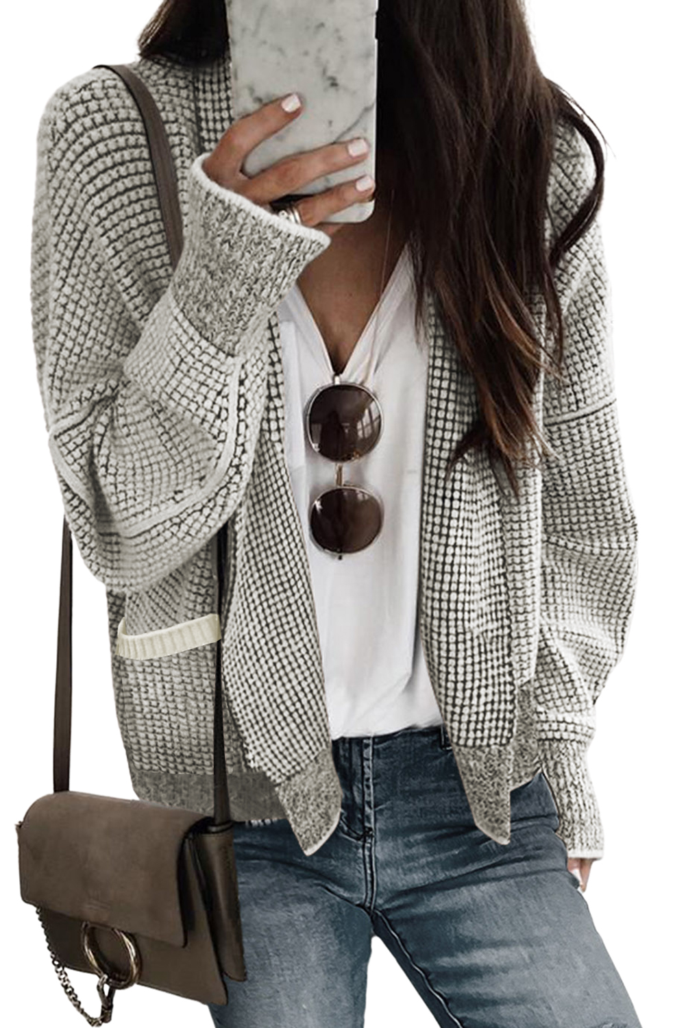 Gray Chunky Knit Pockets Drop Sleeve Cardigan