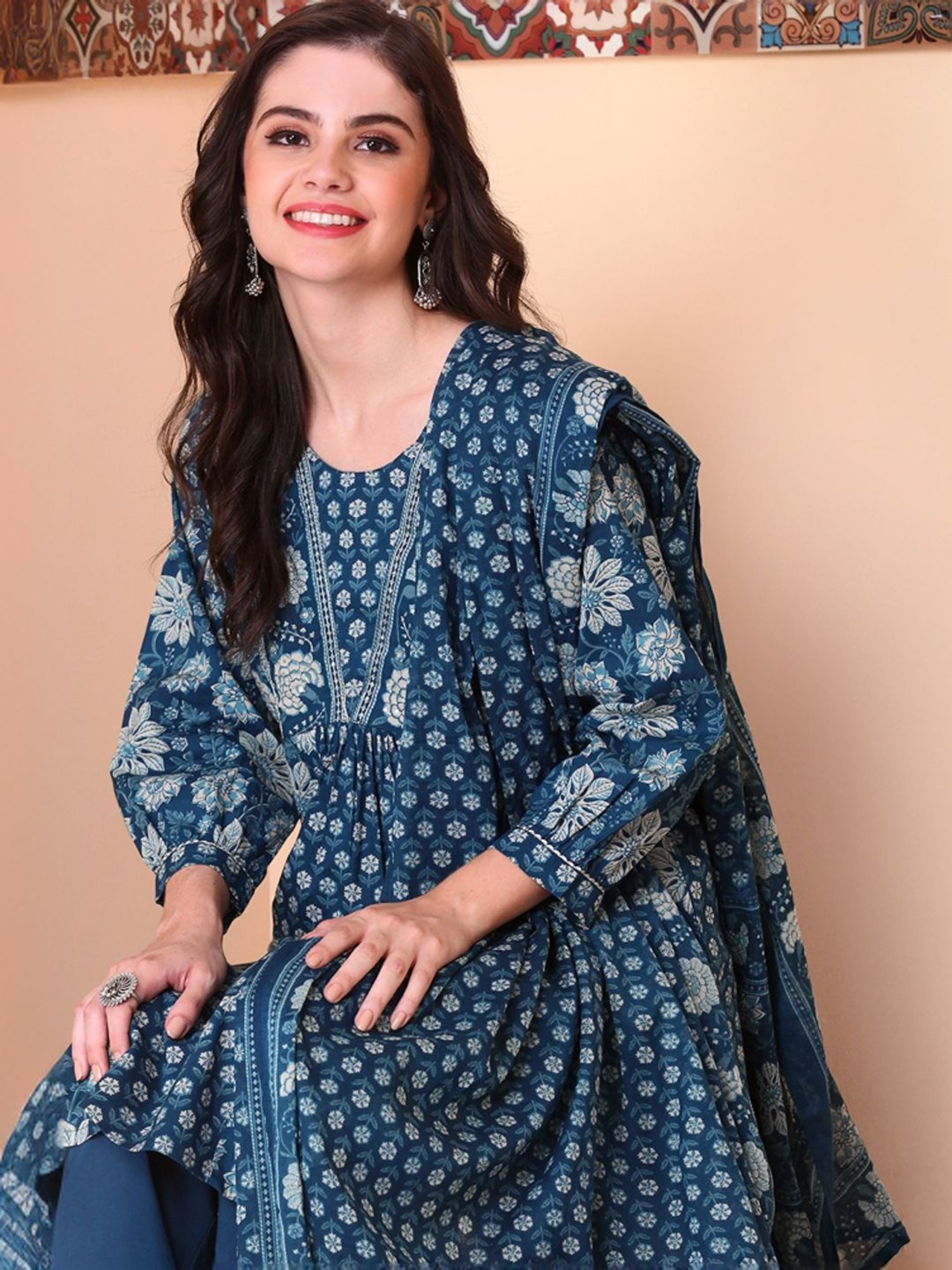 Ishin Blue Floral Print Kurta & Pants Set with Dupatta