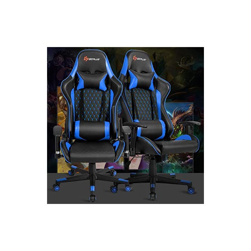 Massage Gaming Chair, Reclining Backrest Handrails and Seat Height Adjustment Racing Computer Office Chair, Ergonomic High Back Embroidered PU Swivel Game Chair with Headrest and Lumbar Cushion
