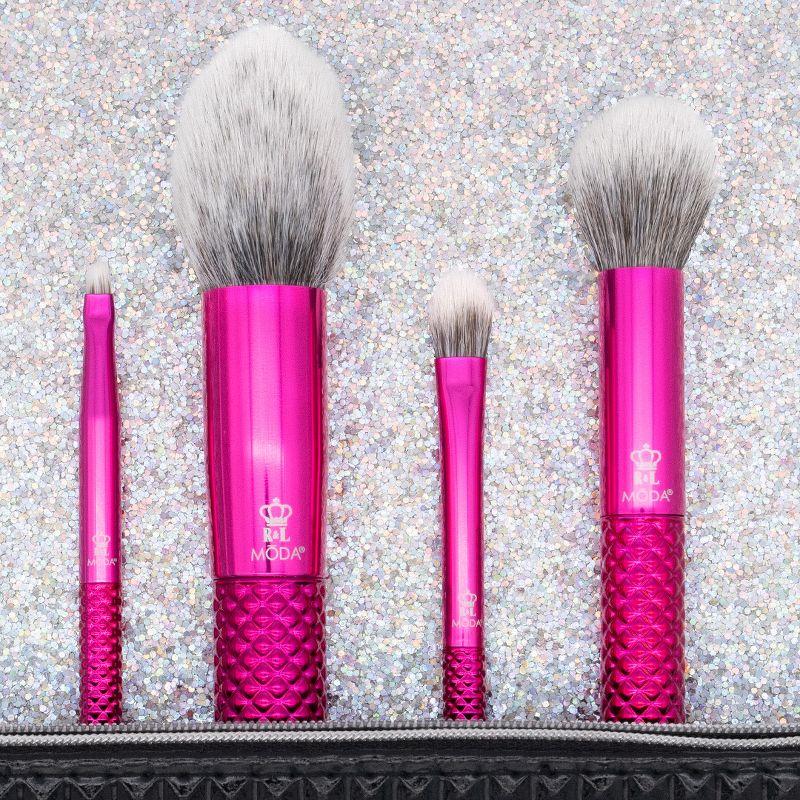 MODA Brush Metallics 5pc Picture Perfect Pink Makeup Brush Set with Black Studded Zip Case, Includes - Blush, Contour, Shader and Angle Liner Brushes