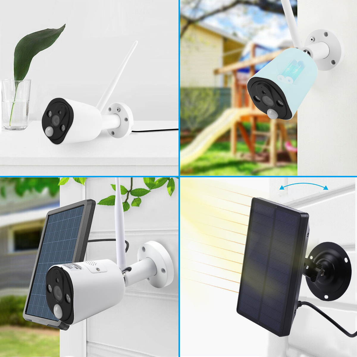 WiFi Solar Powered Security Camera Wireless 1080P Outdoor Network IP65 Waterproof Webcam PIR Motion Detection,White