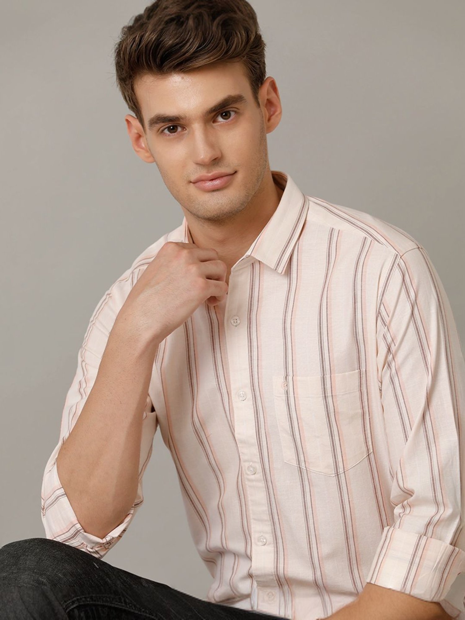 Cavallo By Linen Club Pink Linen Contemporary Fit Striped Shirt