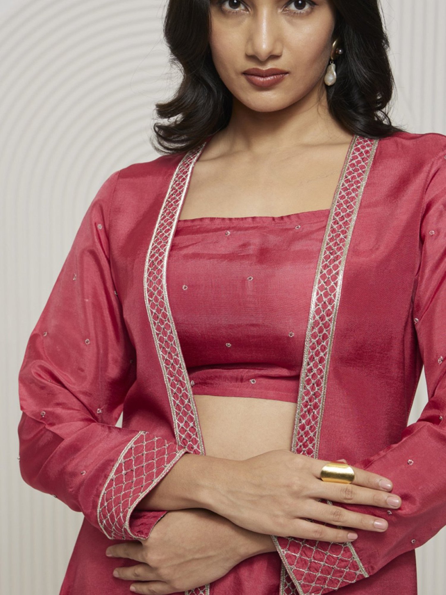 Artagai Tea Berry Romancing Aari Crop Top and Wide Leg Trousers with Midi-Jacket