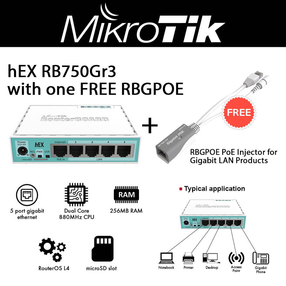 Mikrotik hEX Router Gigabit 5 ports with FREE RBGPOE POE injector for Gigabit LAN products