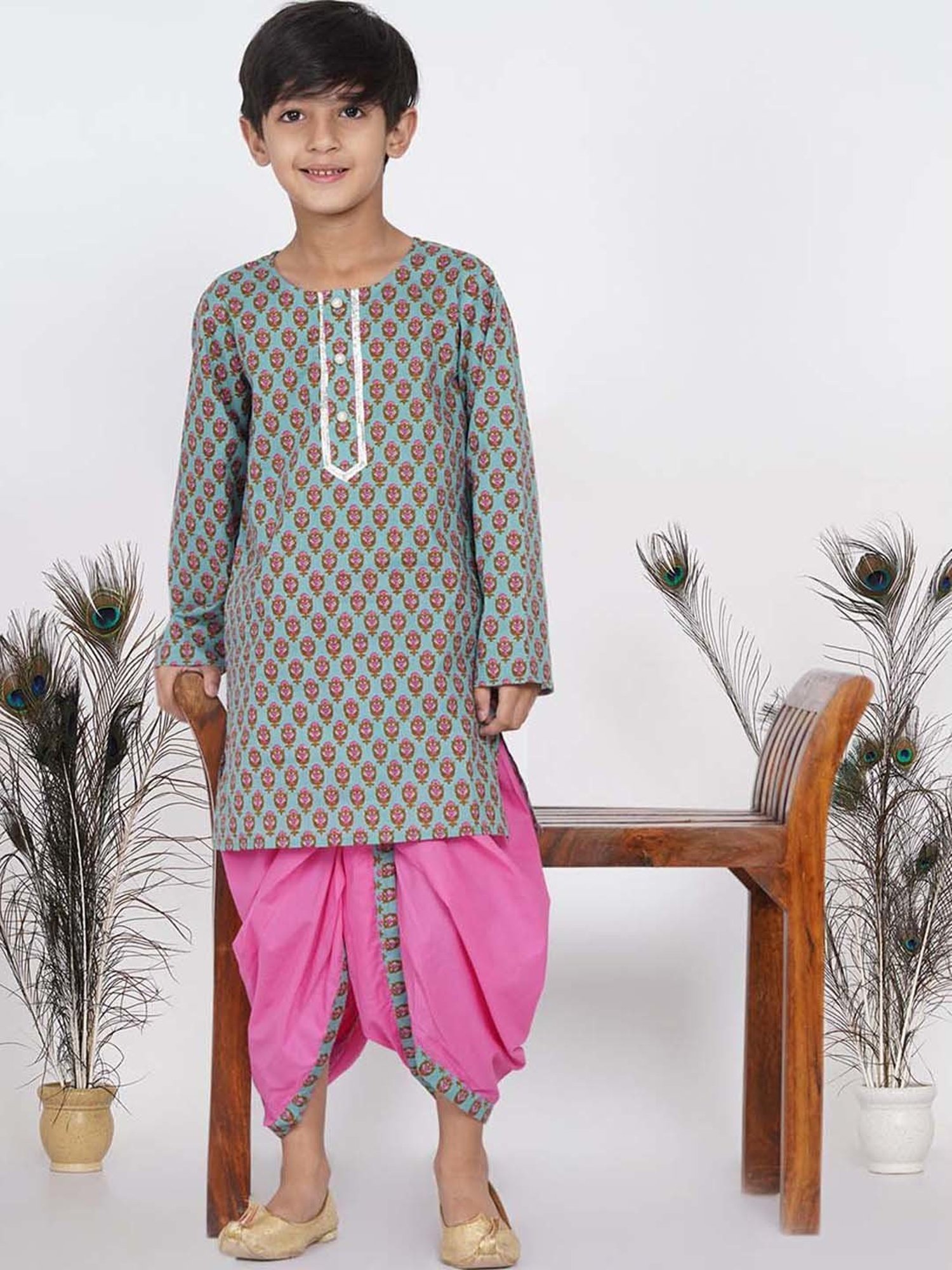 Little Bansi Kids Green & Pink Cotton Floral Print Full Sleeves Kurta Set