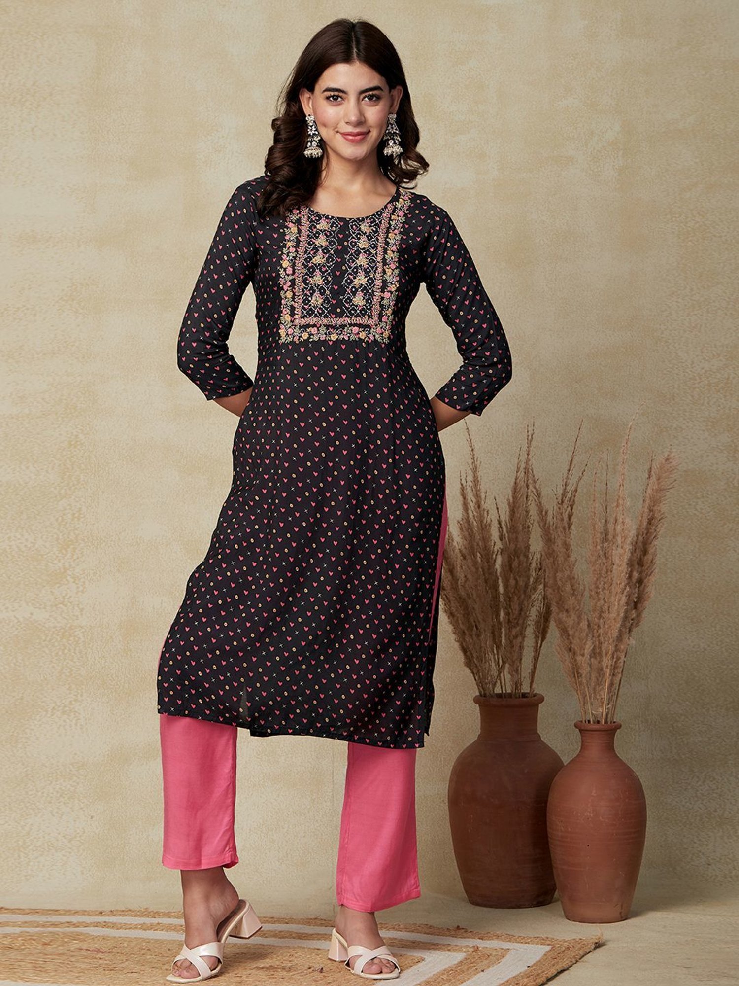 Fashor Black & Pink Printed Kurta Pant Set With Dupatta
