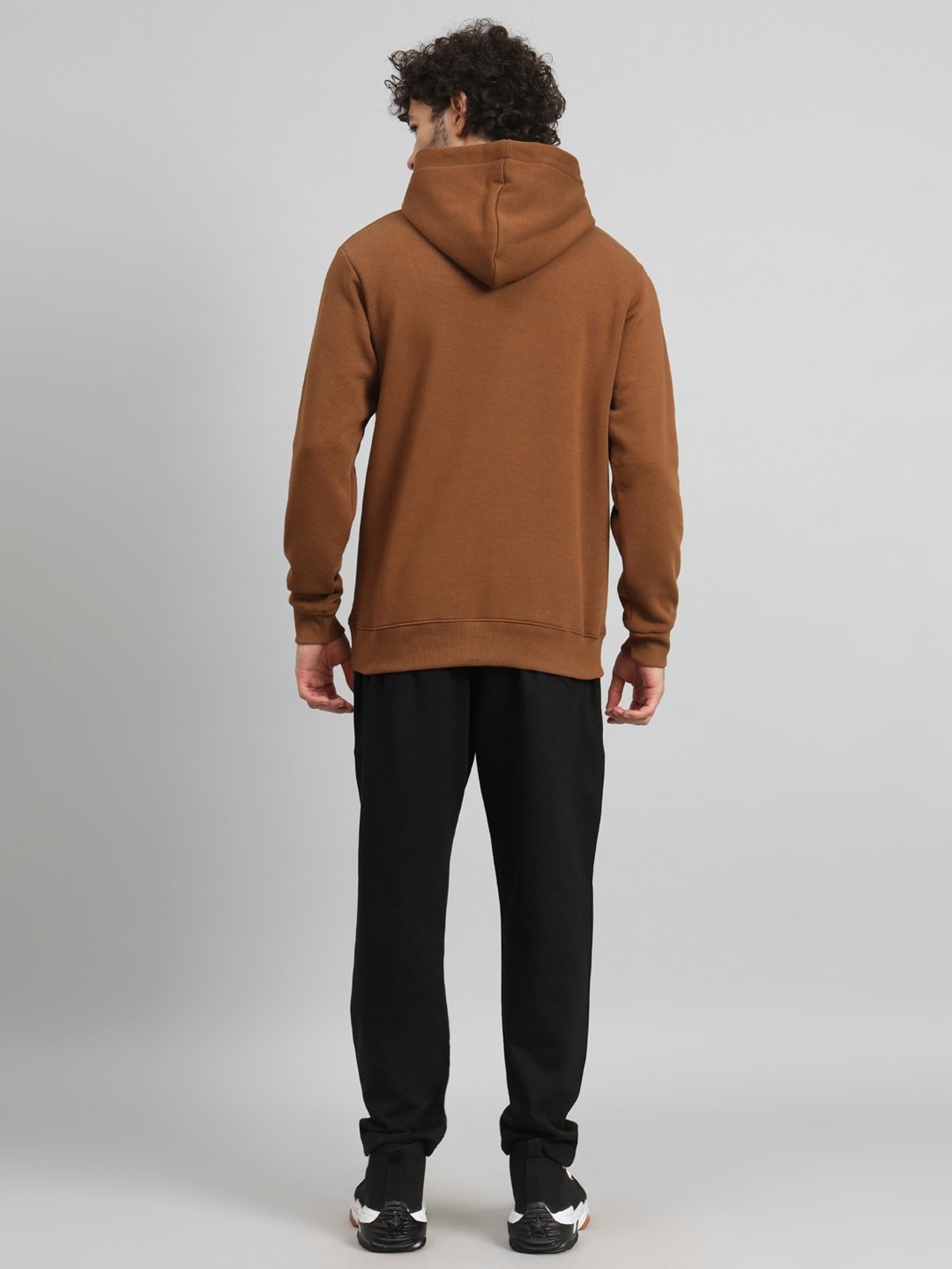 GRIFFEL Brown & Black Regular Fit Printed Hooded Sweatshirt & Trackpants Set