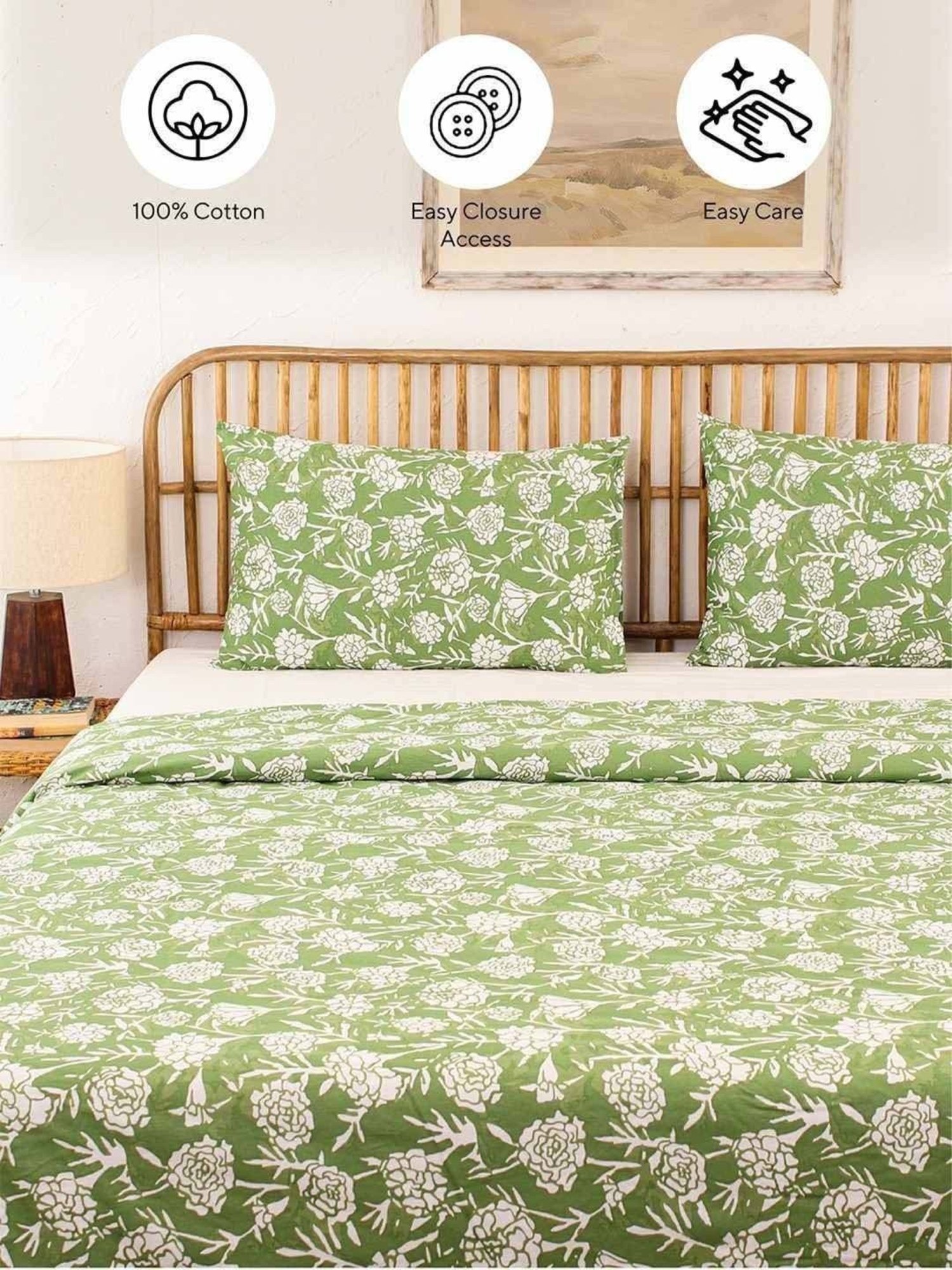 House This Genda Phool Green & White Cotton 144 TC Single Duvet Cover