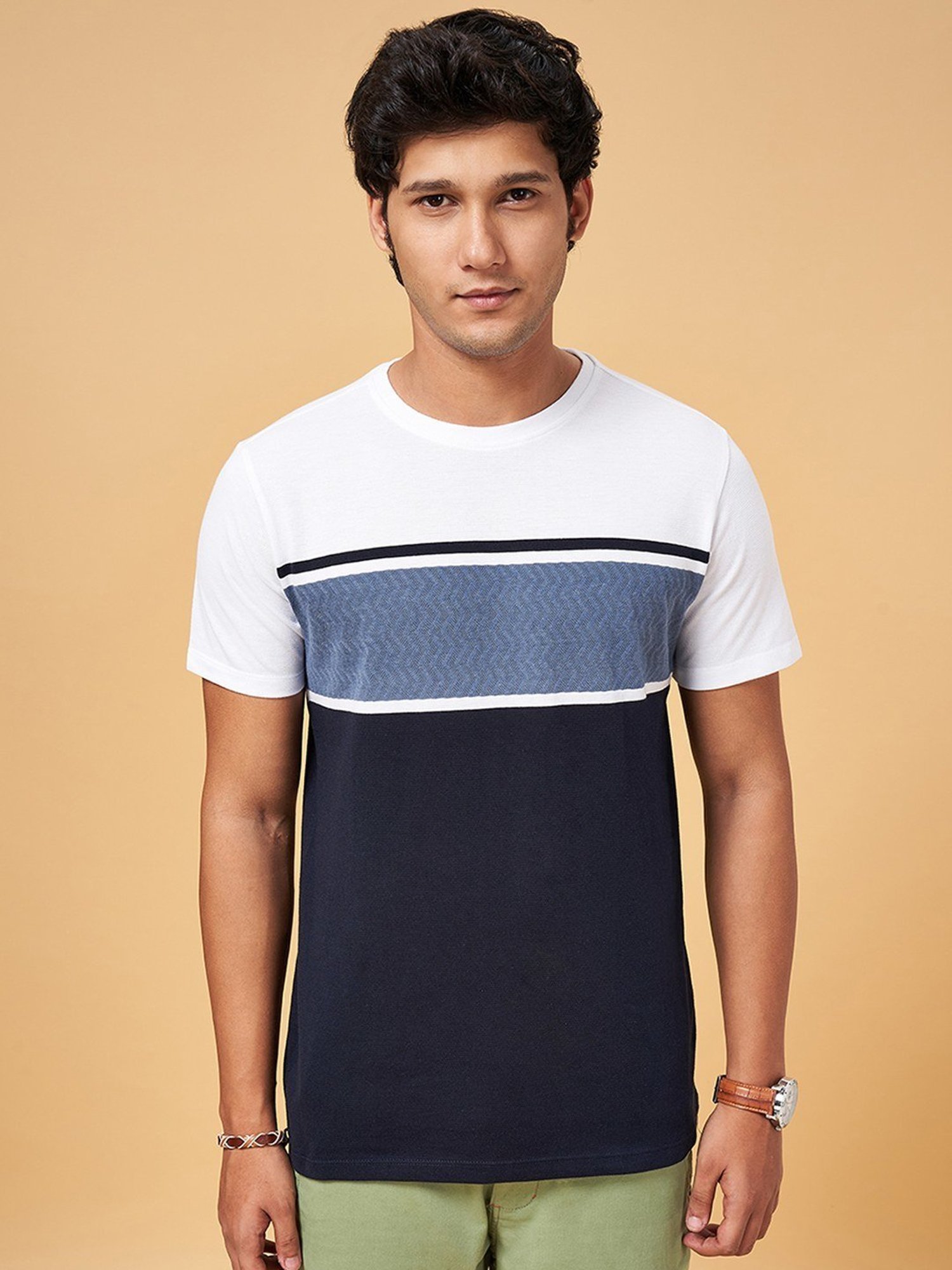 Urban Ranger by Pantaloons Navy & White Cotton Slim Fit Colour Block T-Shirt