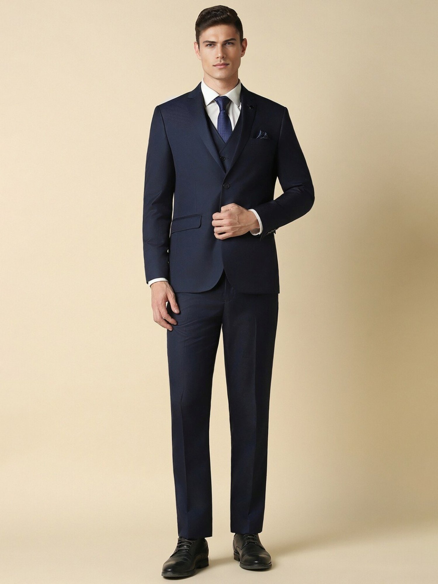 Allen Solly Navy Slim Fit Texture Three Piece Suit