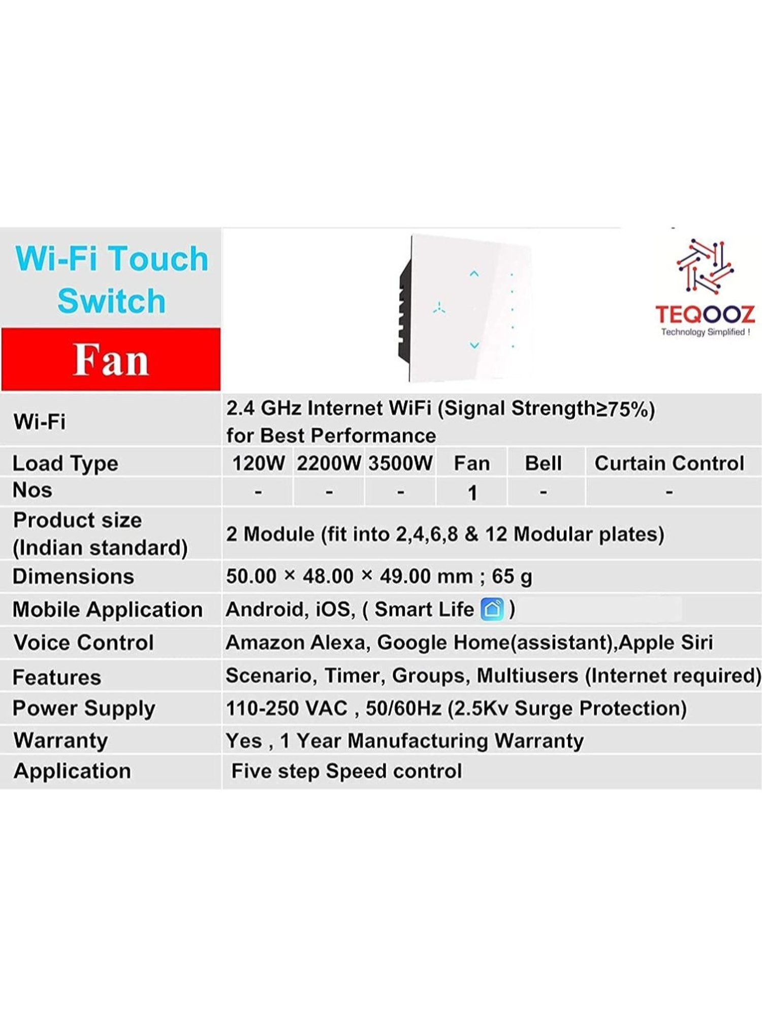 Teqooz Smart Fan Regulator Wi-Fi plus Bluetooth Touch Switch (White)
