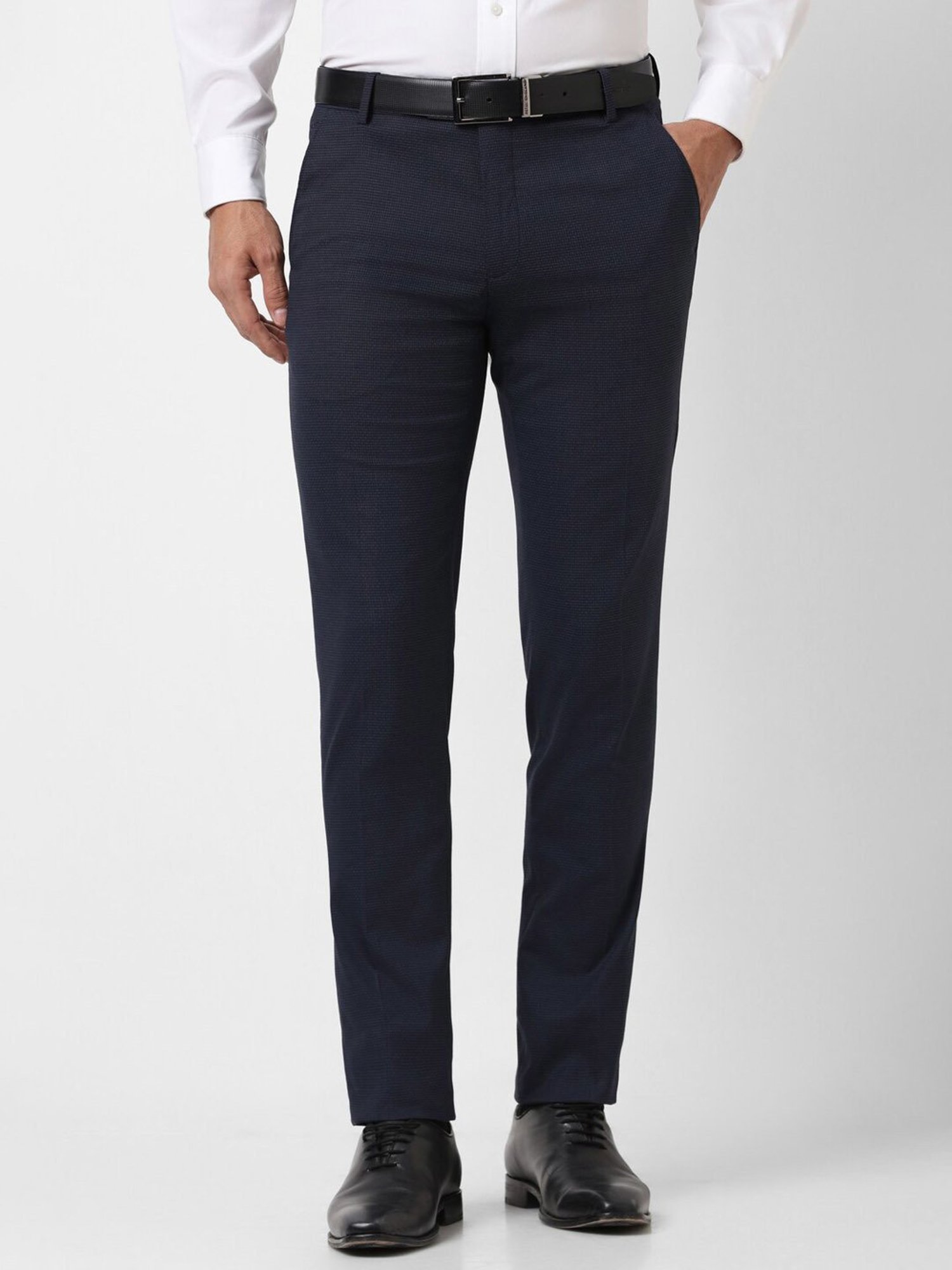 Peter England Navy Slim Fit Checks Trousers