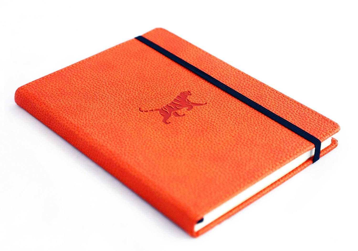 Dingbats Wildlife Medium A5+ (6.3 x 8.5) Hardcover Notebook - PU Leather, Micro-Perforated 100gsm Cream Pages, Inner Pocket, Elastic Closure, Pen Holder, Bookmark (Plain, Orange Tiger)