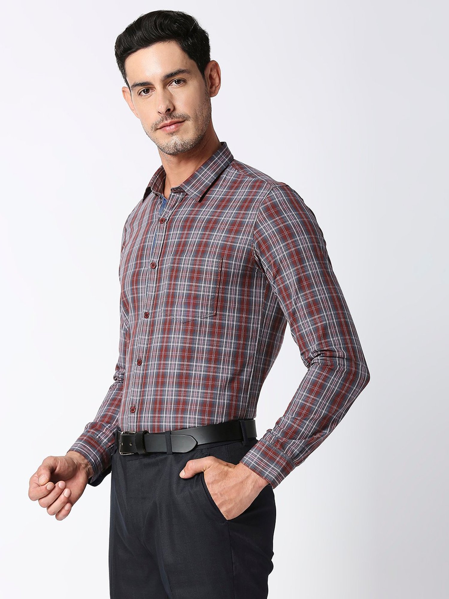 SOLEMIO Brown Slim Fit Check Cotton Shirt