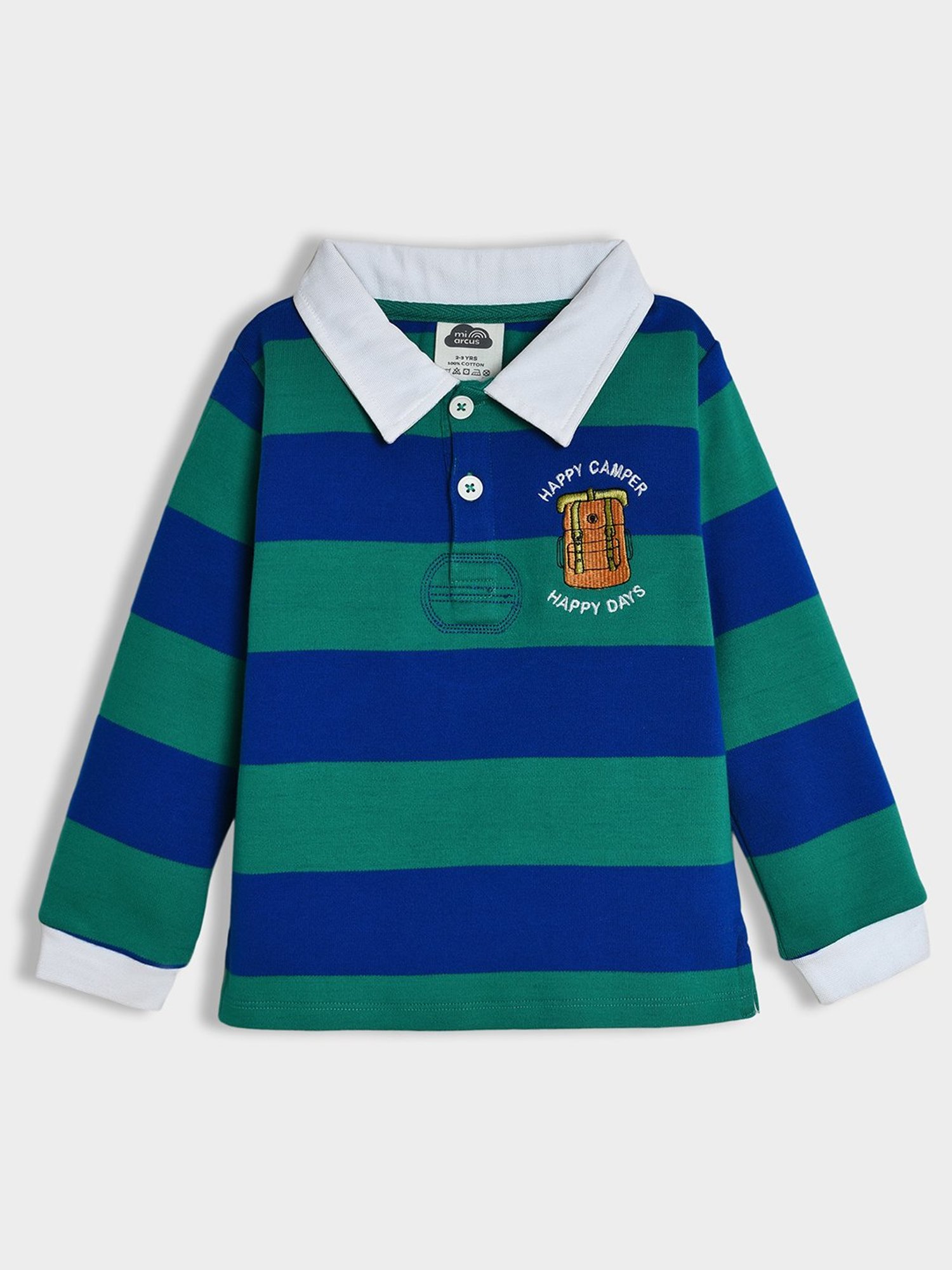 MiArcus Boys Green & Navy Striped Full Sleeves Polo T-Shirt