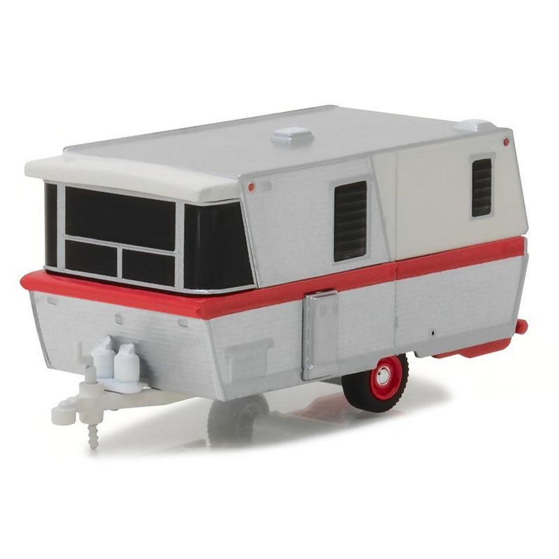 1959 Holiday House Travel Trailer Silver with Red Stripe Hitched Homes Series 4 1/64 Diecast Model by Greenlight