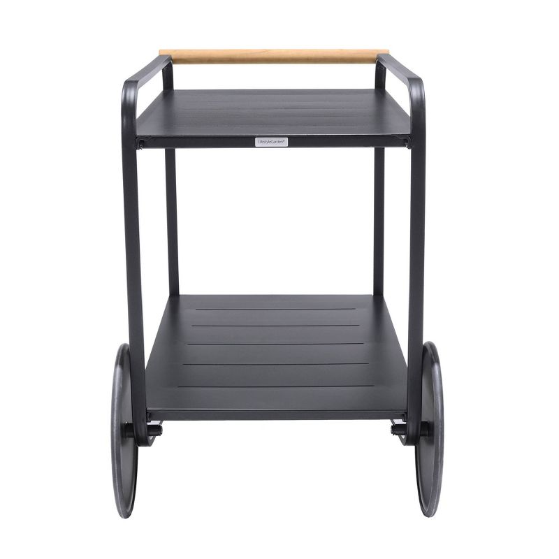 Portals Outdoor Accent Cart in Black Finish and Natural Teak Wood Accent - Armen Living