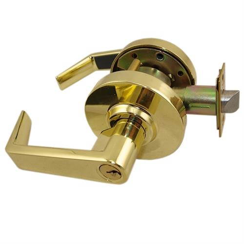 Maxtech, LKLE13015-3, Bright Brass US3, Classroom, Office Vestibule, Passage Always Open OR Storeroom Always Locked,  Grade 2 Commercial Cylindrical ADA Angled Lever Lockset