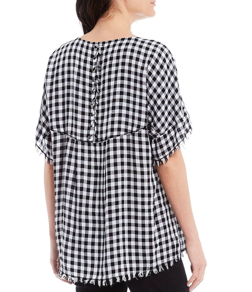 Tru Luxe Jeans Gingham Tulip Sleeve Lace Up Back Top