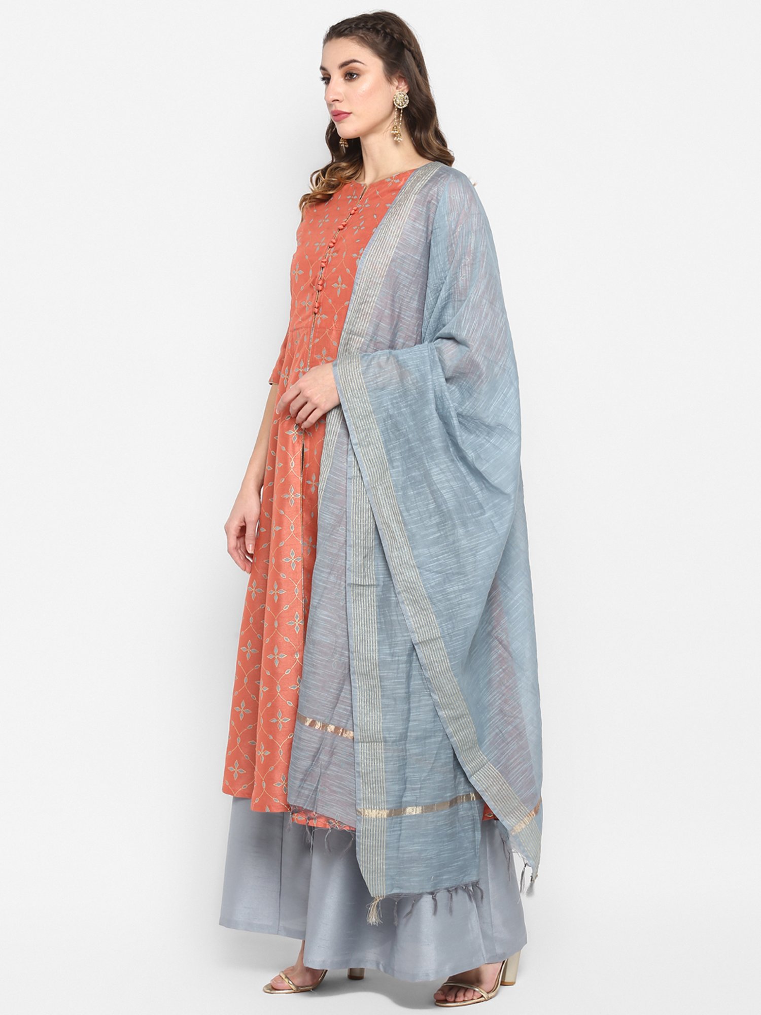 Janasya Peach & Grey Printed Kurta With Palazzo & Dupatta