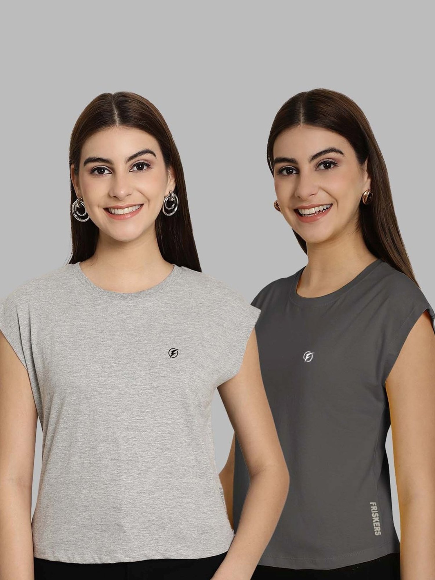 Friskers Grey Slim Fit Sports T-Shirts - Pack Of 2