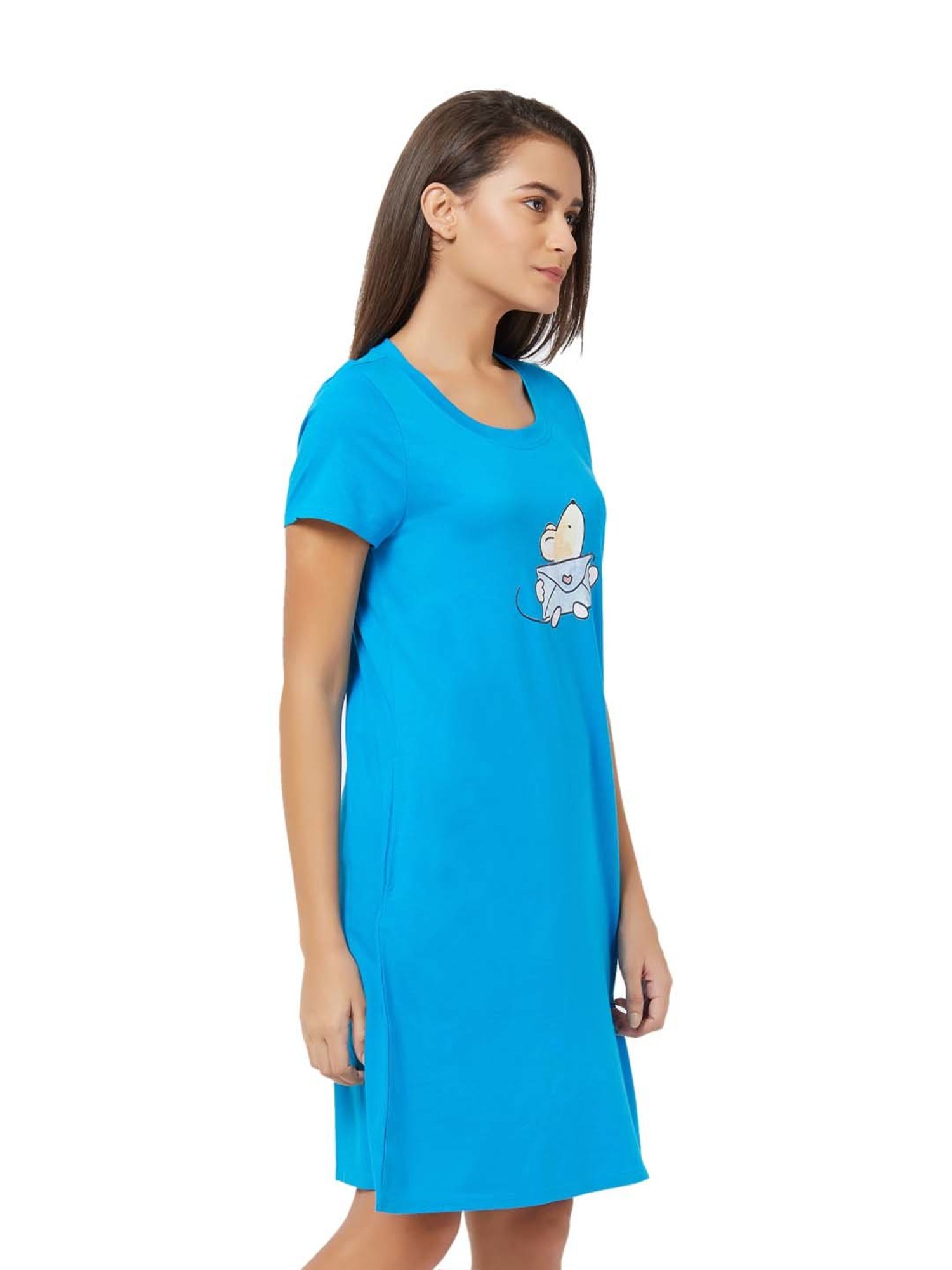 Soie Blue Cotton Printed Sleep T-Shirt