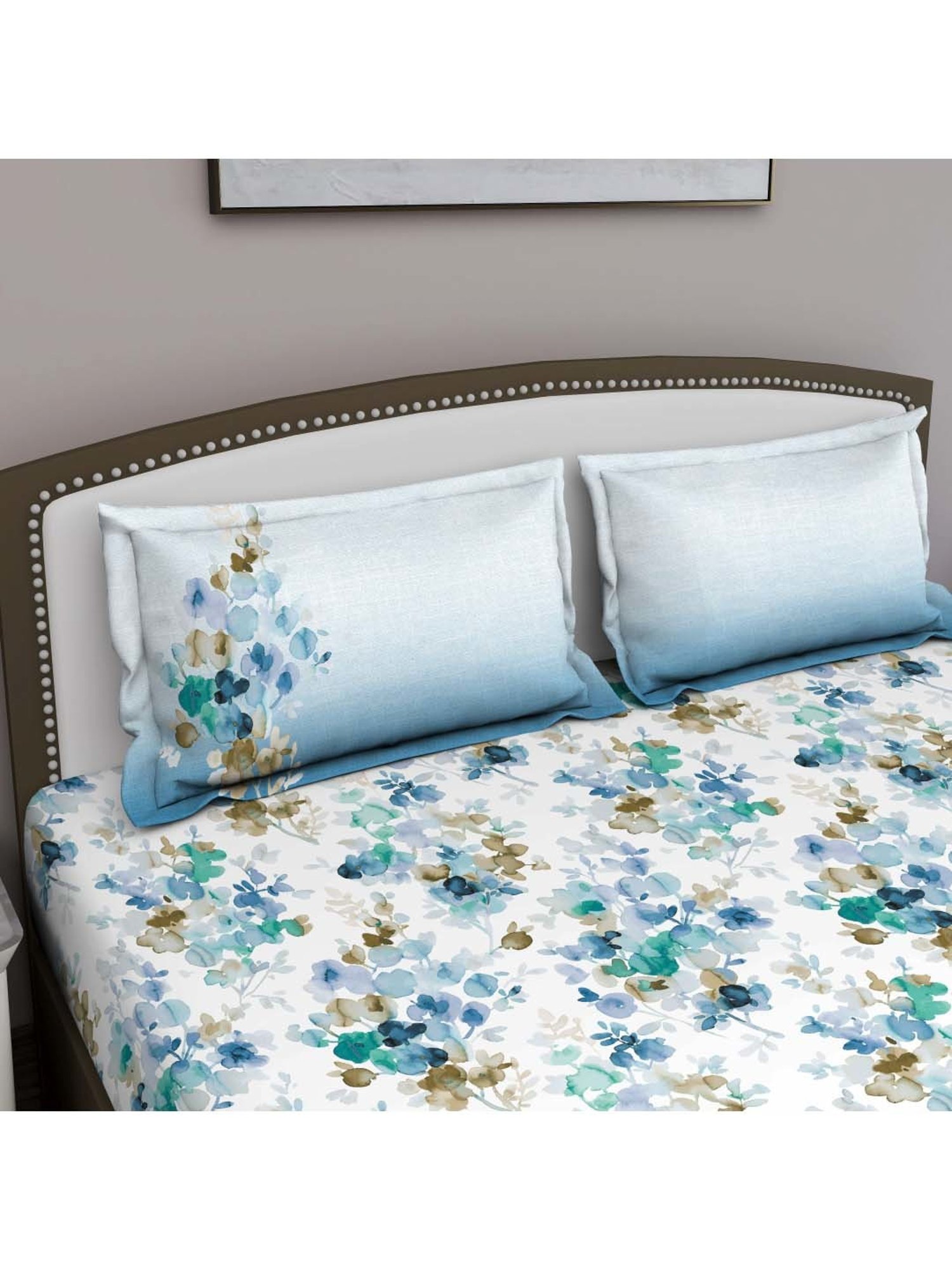 GM 'Fiesta' Blue & White Cotton 180 TC Double Bedsheet with 2 Pillow Covers