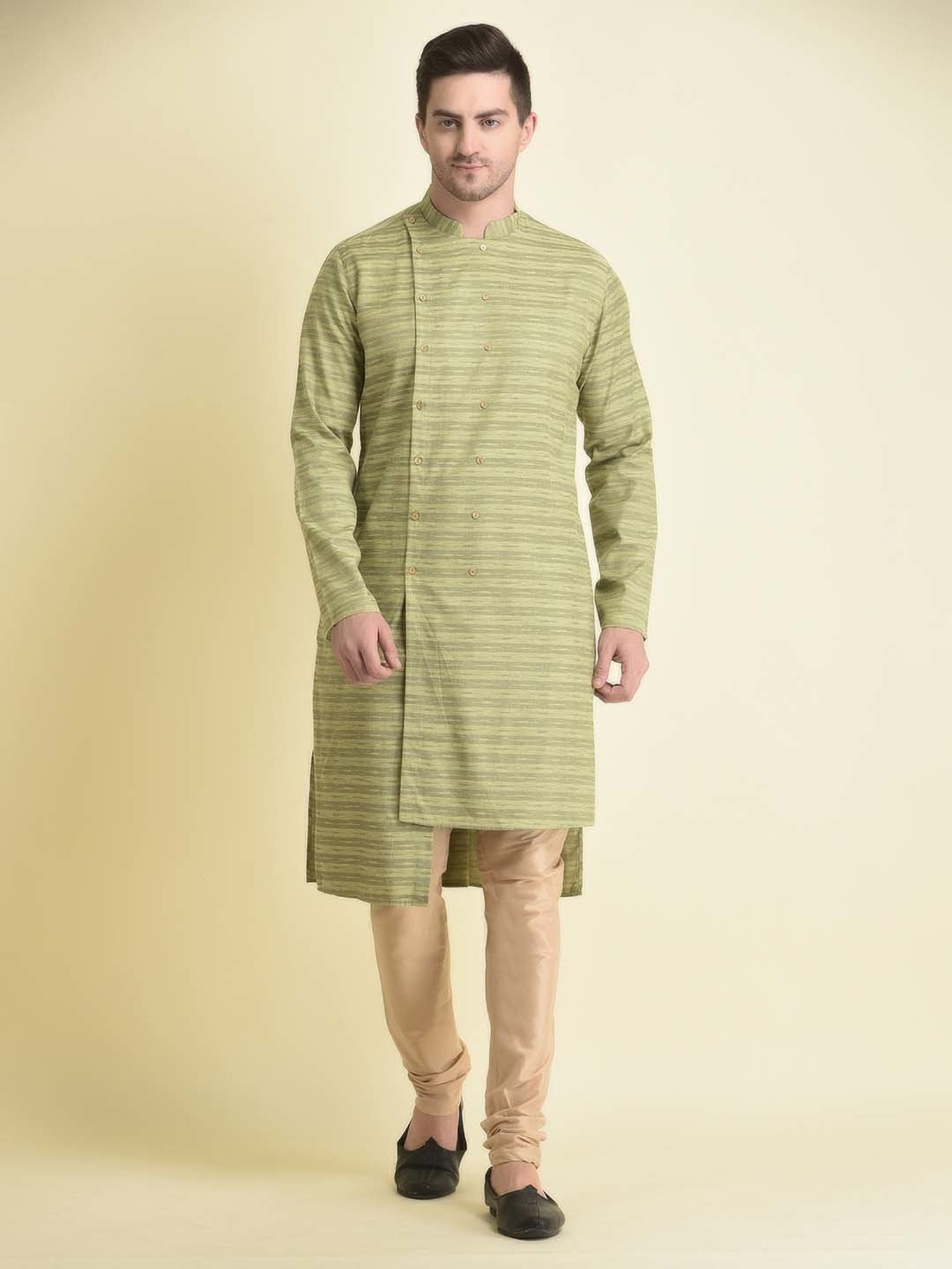 TABARD Light Green Regular Fit Stripes Kurta with Churidar Set