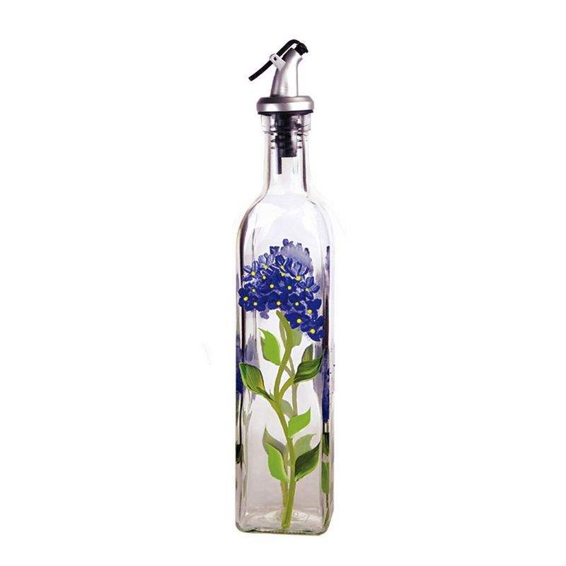 Grant Howard Glass Salt and Pepper Shaker Set and 2 Oil Vinegar Cruet Bottles Hand Painted with Hydrangeas, Blue