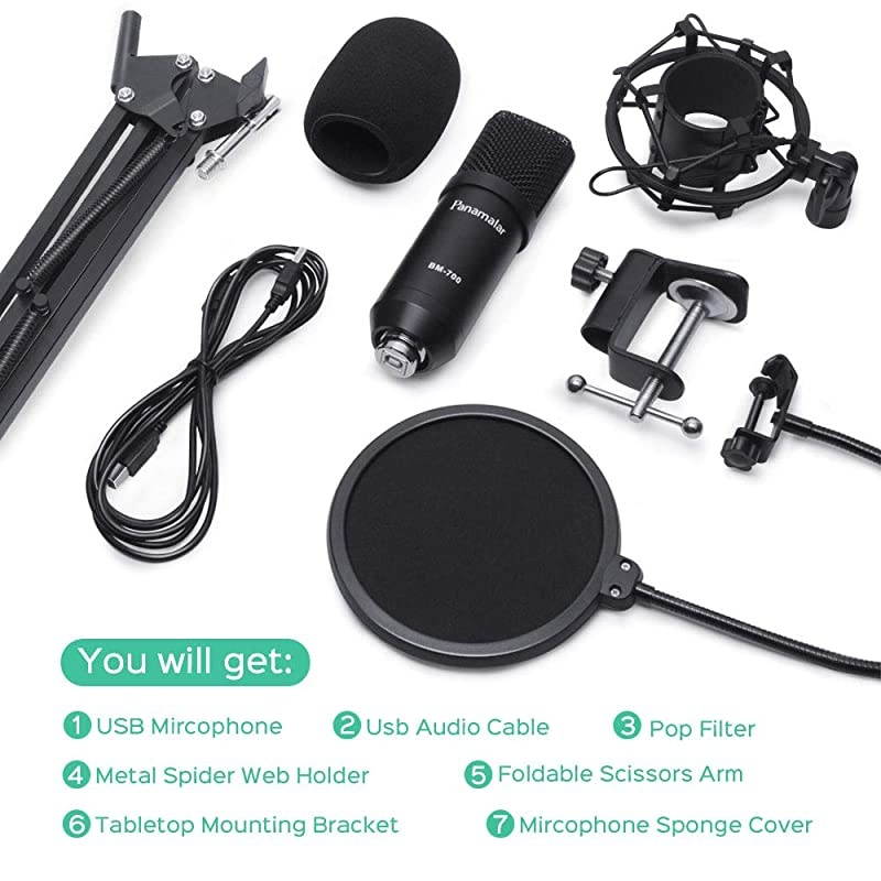 USB Condenser Microphone Kit192Khz24Bit Studio Recording Microphone PC Streaming Cardioid Mic with Professional Sound Chipset Flexible Arm Pop Filter Set for YouTube Video Podcast Game