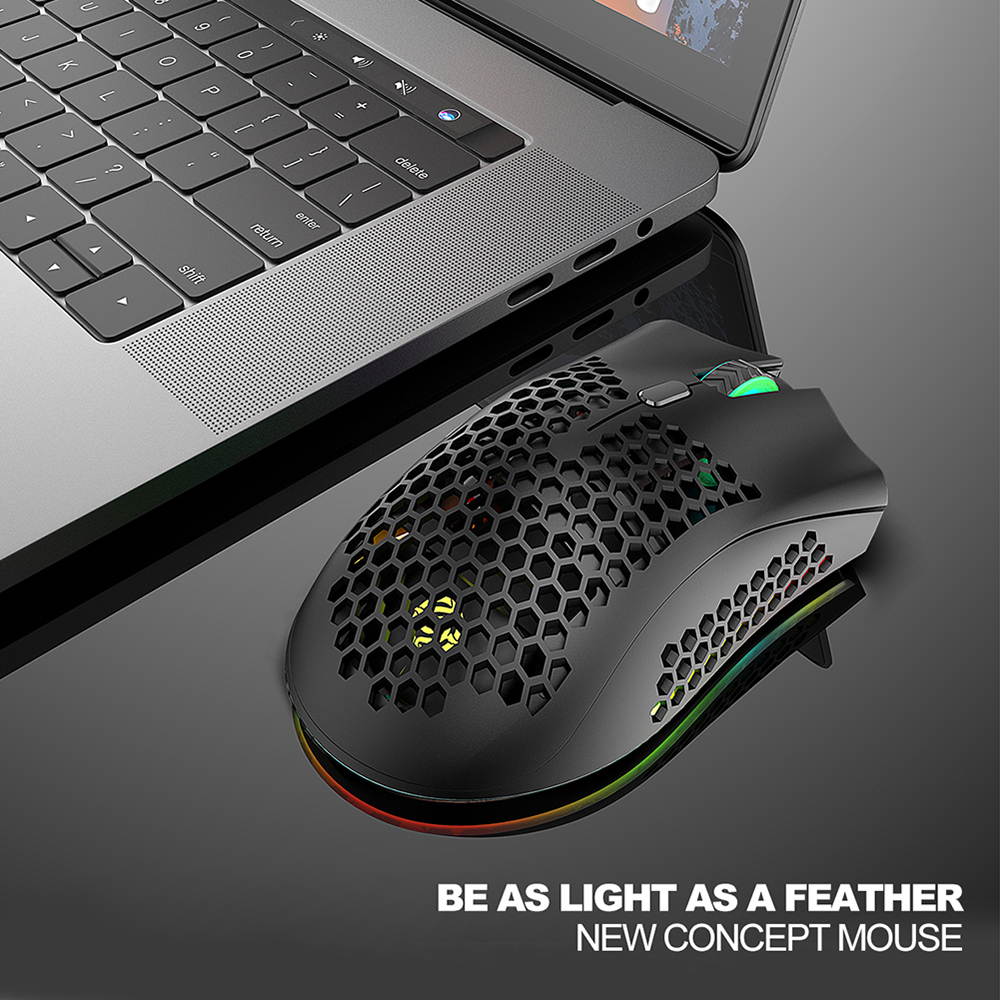 Lightweight Gaming Mouse, 2.4G Wireless Mouse Honeycomb Design Rechargeable Wireless Gaming Mouse with USB Receiver RGB Backlight Computer Mouse for Laptop PC (Black)